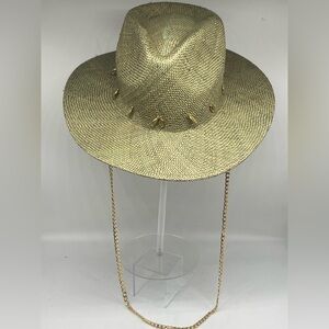 Green Straw Fedora w/Gold Neckchain Large Silver